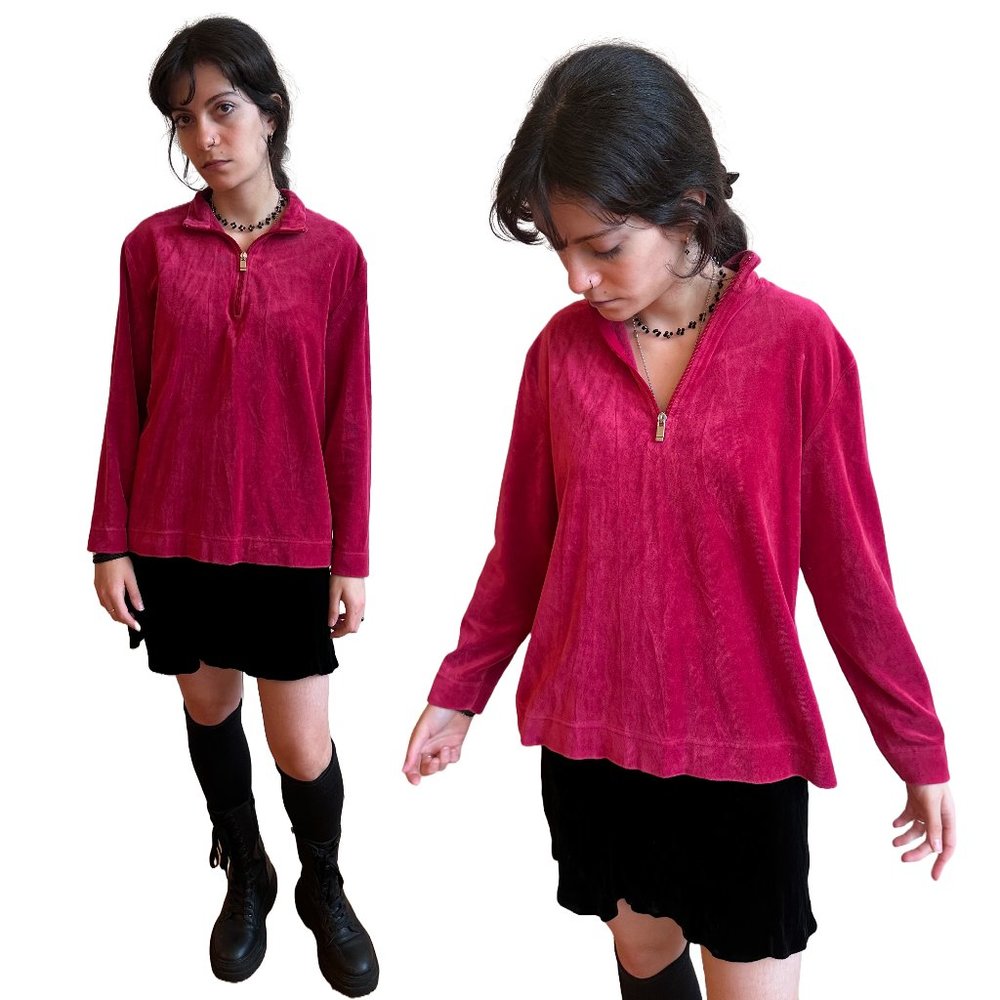 Vintage Red Velvet Long Sleeve Half Zip Collared Shirt / Soft Turtleneck Sweater